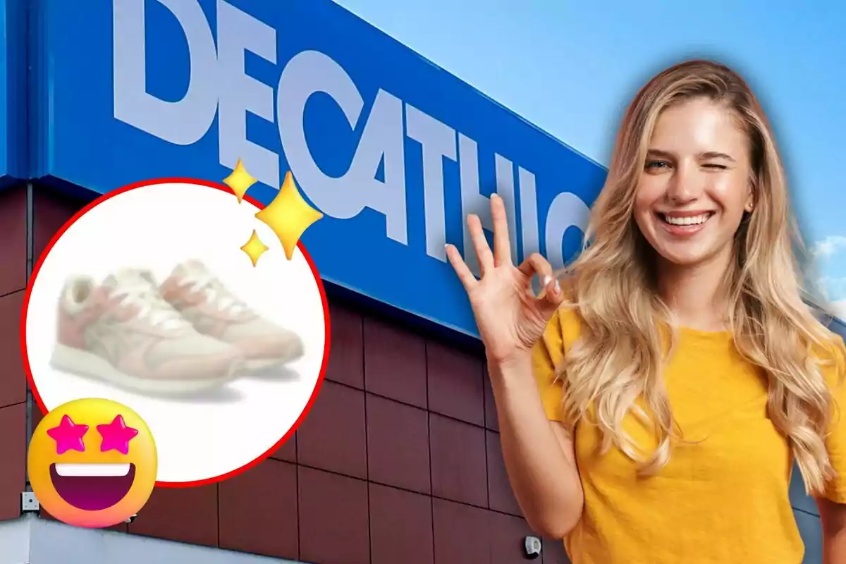 Una mujer sonriente con camiseta amarilla hace un gesto de aprobación frente a una tienda Decathlon con una imagen de zapatillas deportivas y emojis de estrellas y cara feliz.