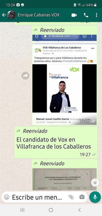Mensaje enviado a Enrique Cabanas a través de Whatsapp cedido a El Cierre Digital