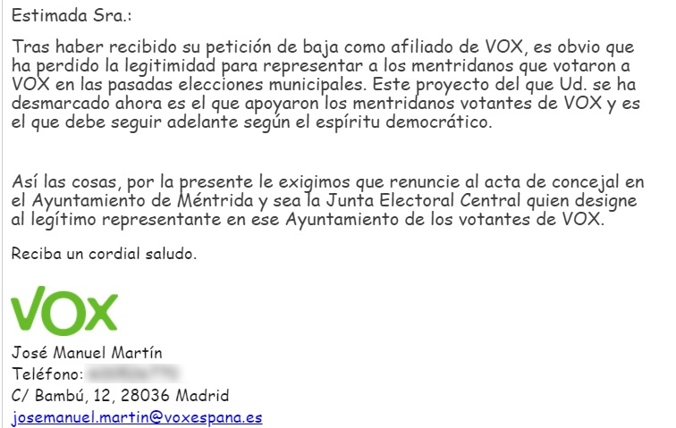 Captura del correo electrónico enviado por José Manuel Martín publicado por El Cierre Digital pidiendo la renuncia al acta como concejales de Vox