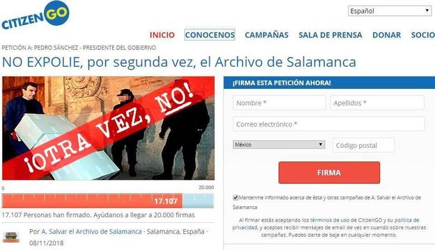 Petición para paralizar el traslado de documentos del Archivo de Salamanca a la Generalitat