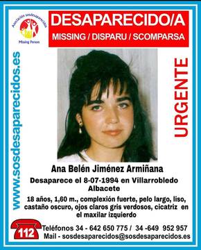 Ana Belén Jiménez Armiñana desapareció en 1994 con 18 años.  