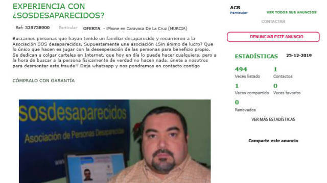 Publicación de ACR en Mil Anuncios tachando de fraude a SOSDesaparecidos