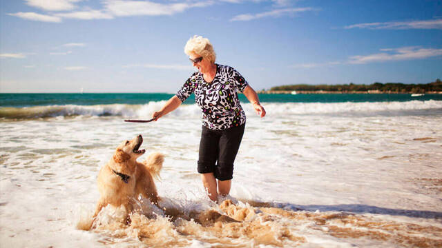 La dueña de un perro en la playa con su mascota.
