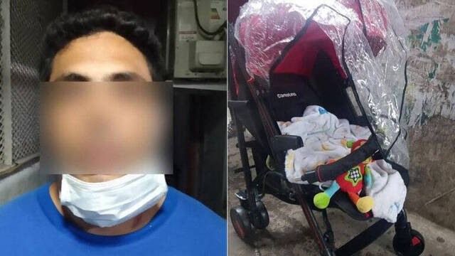 Jonathan Ismael y el carrito de bebé que utilizaba junto con su pareja para vender droga.