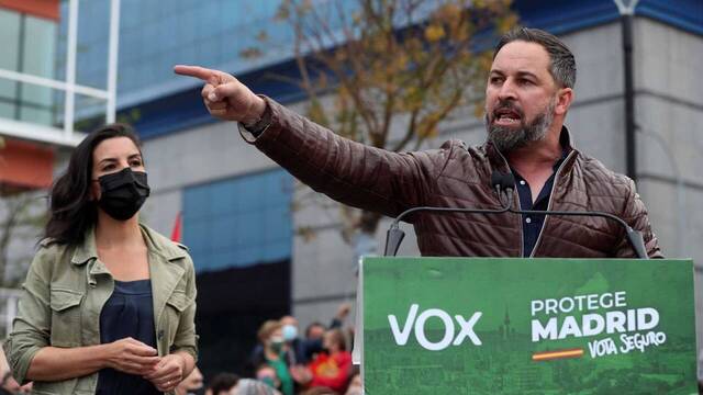 Santiago Abascal indignado durante un acto de Vox