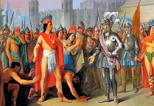Moctezuma y Hernán Cortés, uno en frente del otro