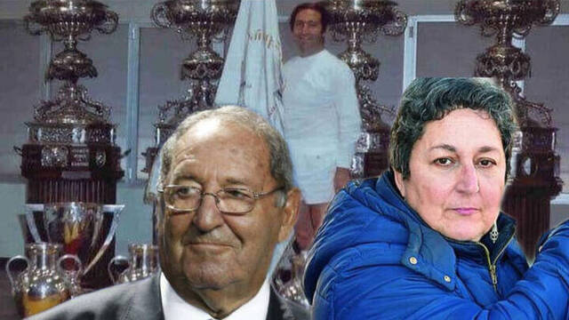 Paco Gento y Paquita España. De fondo, los trofeos del exfutbolista.