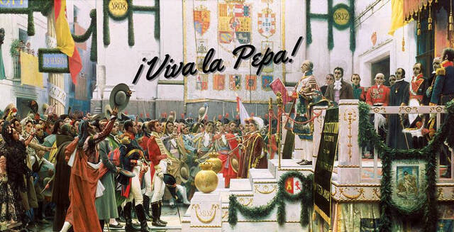 La promulgación de la Constitución de 1812, de Salvador Viniegra, con la frase '¡Viva la Pepa!'.