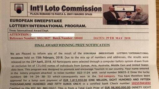 Carta usada para la estafa de la lotería.