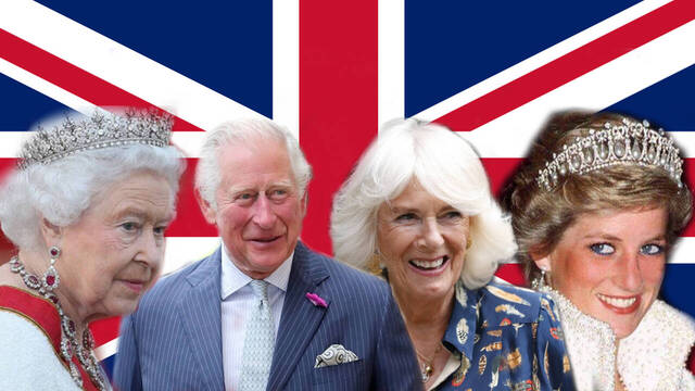 La Reina Isabel II de Inglaterra, el Rey Carlos, Camila Parker-Bowles y Lady Di en un montaje.