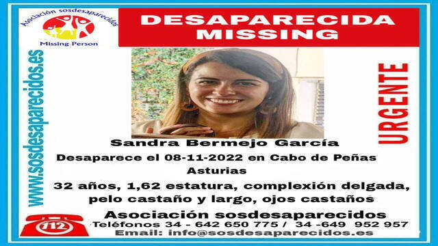 Ficha de desaparición de Sandra Bermejo.