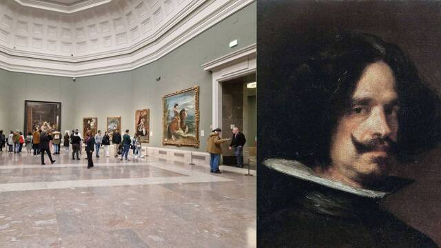 Imagen de la sala 12 del Museo Del Prado y un retrato del pintor sevillano Diego Velázquez.