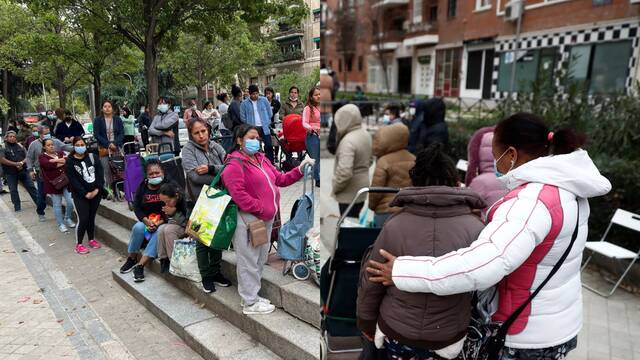 Familias esperando para recoger alimentos en España
