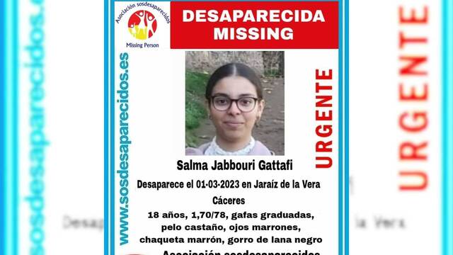 Cartel de la desaparición de la joven Salma Gabbouri desde SOSDesaparecidos.