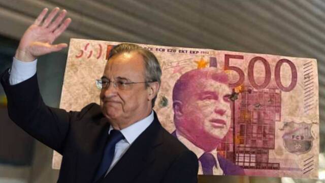 El presidente del Real Madrid, Florentino Pérez Rodríguez, con uno de los billetes falsos con la cara de Joan Laporta de fondo.