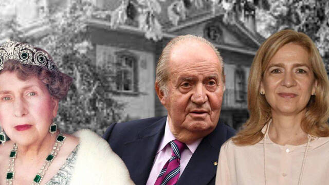 VIctoria Eugenia, Juan Carlos I y la Infanta Crisita con Villa Fontaine detrás. 