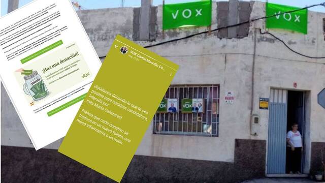 Imagen de la sede de VOX en Candelaria y capturas de pantalla de correos y estados de Whattsapp solicitando donaciones.