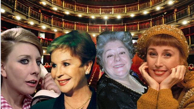 Montaje del patio de butacas del Teatro Español y las actrices Gracita Morales, Lina Morgan, Rafaela Aparicio y Verónica Forqué.
