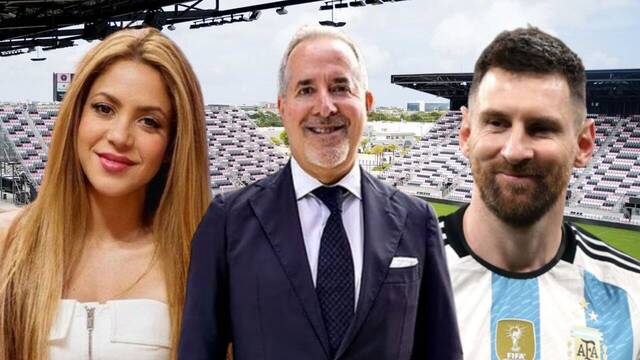 Montaje de una imagen del estadio DRV PNK, la cantante Shakira, el empresario Jorge Mas y el futbolista Lionel Messi.