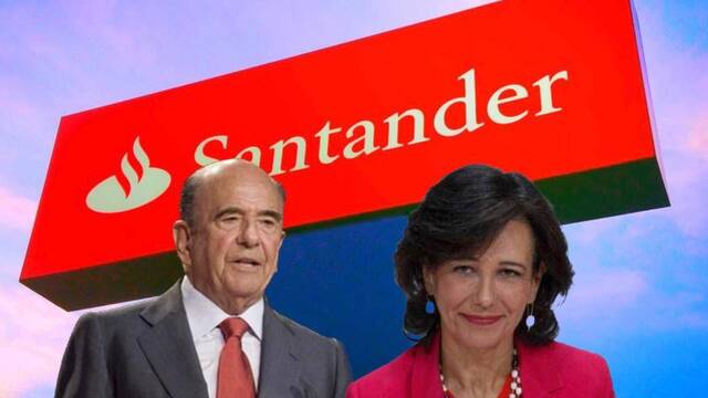 Emilio Botín y Ana Patricia Botín con un cartel del banco Santander de fondo.