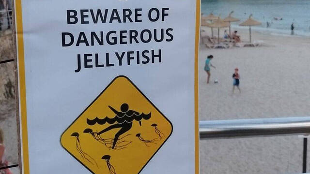 Cartel para evitar la entrada de turistas extranjeros a las playas de Mallorca.