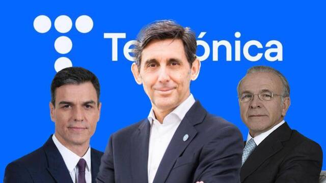 Pedro Sánchez, José María Álvarez-Pallete e Isidre Fainé con el logo de Telefónica de fondo.