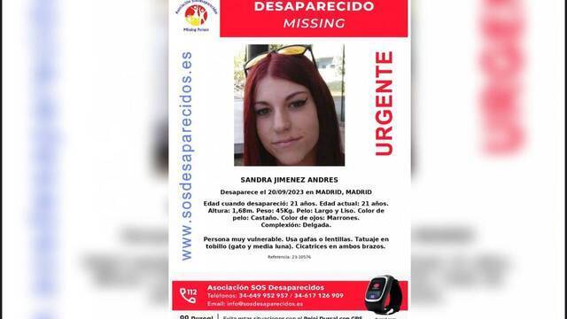 Cartel de SOSDesaparecidos con la imagen de Sandra Jimenez. 