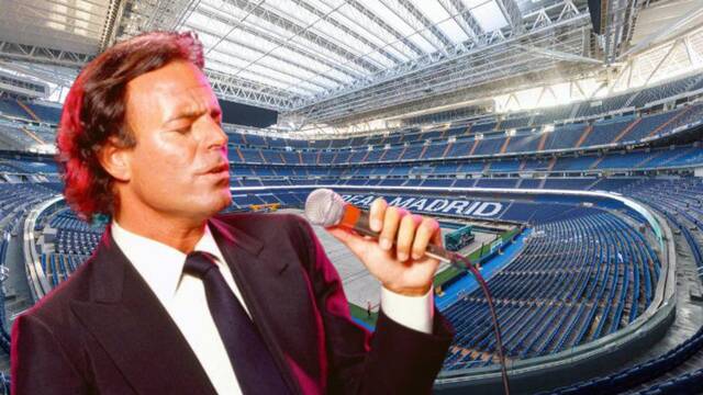 Montaje sobre el cantante Julio Iglesias y el estadio Santiago Bernabéu. 