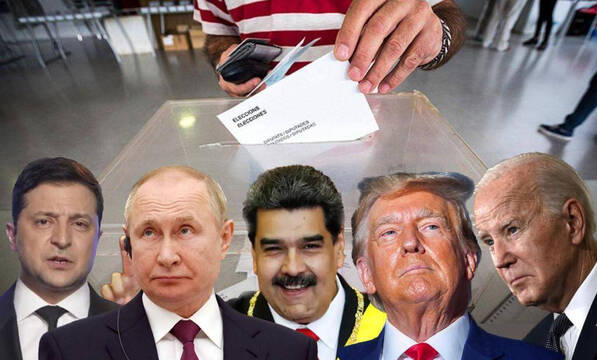 Montaje de una urna y los presidentes Volodímir Zelenski, Vladimir Putin, Nicolás Maduro, Donald Trump y Joe Biden