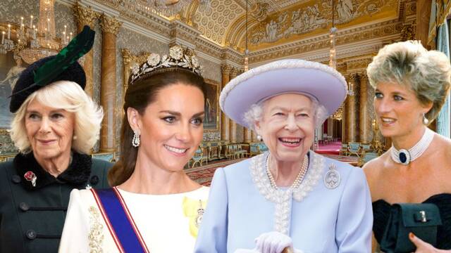 Montaje la reina Camilla, Kate Middleton, Isabel II y Lady Di.