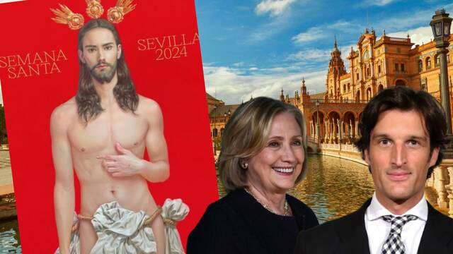 Montaje sobre la Plaza de España de Sevilla, el cartel de la Semana Santa 2024, Hilary Clinton y Rafael Medina.