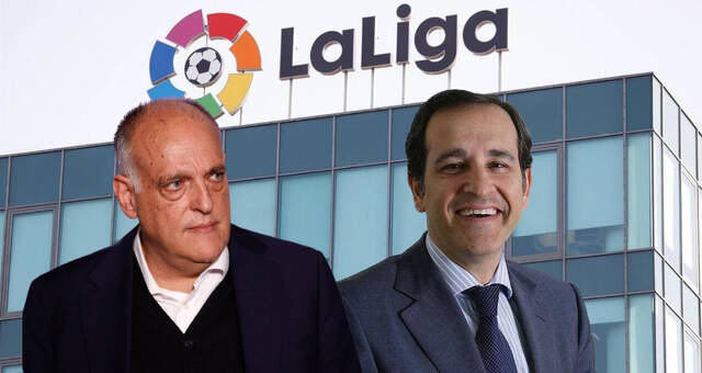 Montaje de Javier Tebas, presidente de La Liga, y Javier de Jaime, cabeza visible del fondo británico CVC en España