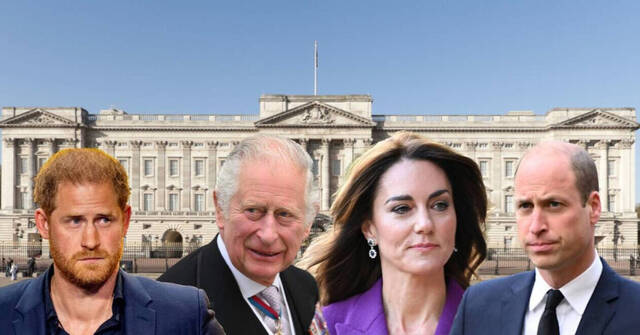 Montaje del príncipe Harry, el rey Carlos III, la princesa Kate Middleton y el príncipe Guillermo sobre el Palacio de Buckingham 