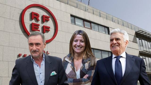 / Montaje de la sede de la RFEF con Carlos Herrera, Eva Parera y Pedro Rocha.