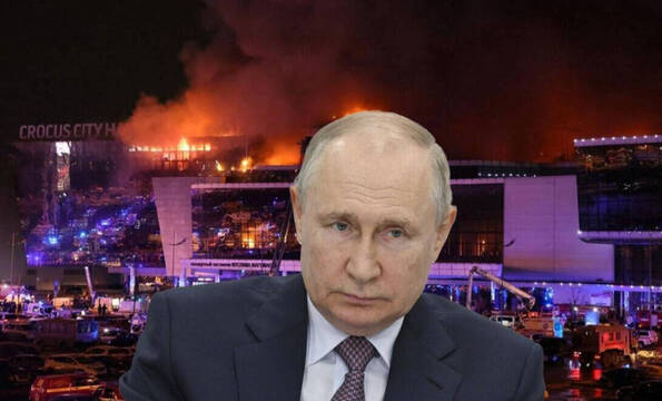 Montaje del presidente ruso Vladimir Putin y el auditorio de Crocus, asaltado el pasado viernes