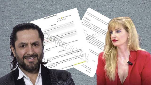 Rafael Amargo y Ana Peña con los documentos de exclusividad de fondo en un montaje.